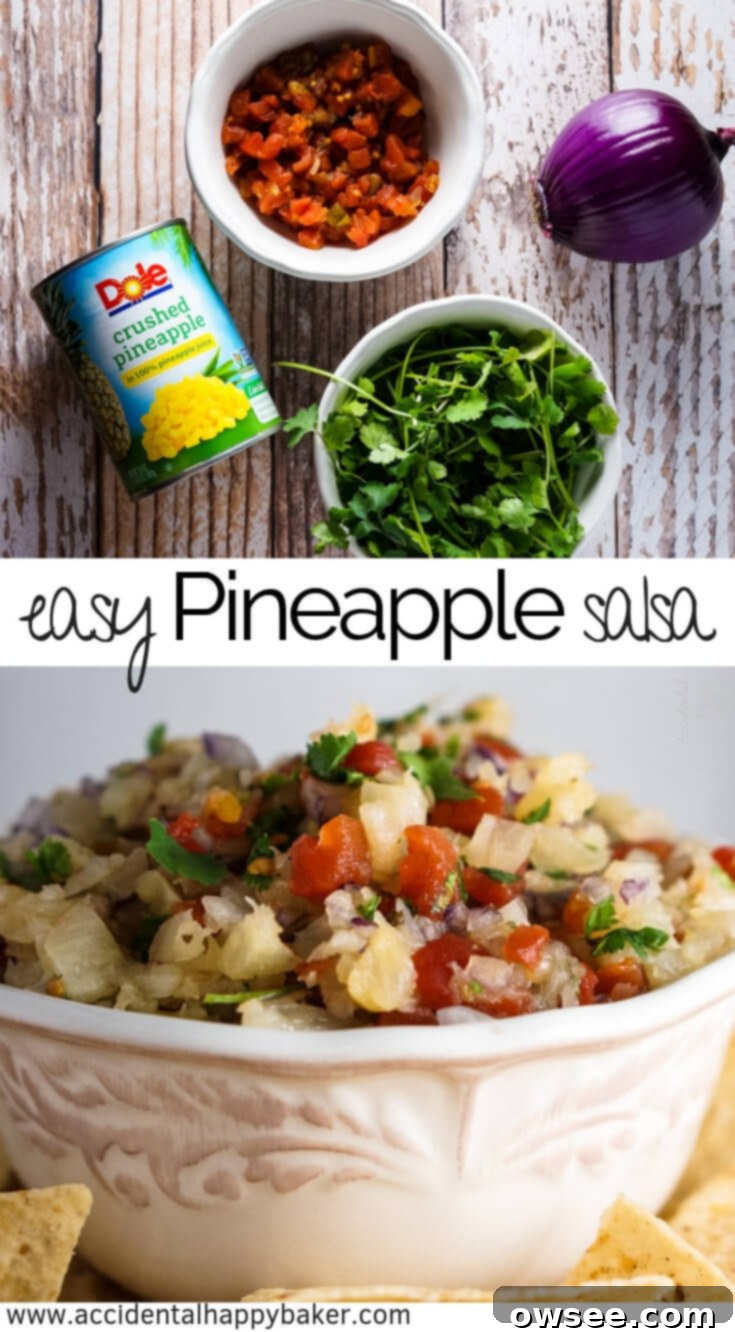 Easy Pineapple Salsa recipe pin image, showing a bowl of vibrant pineapple salsa with fresh ingredients.