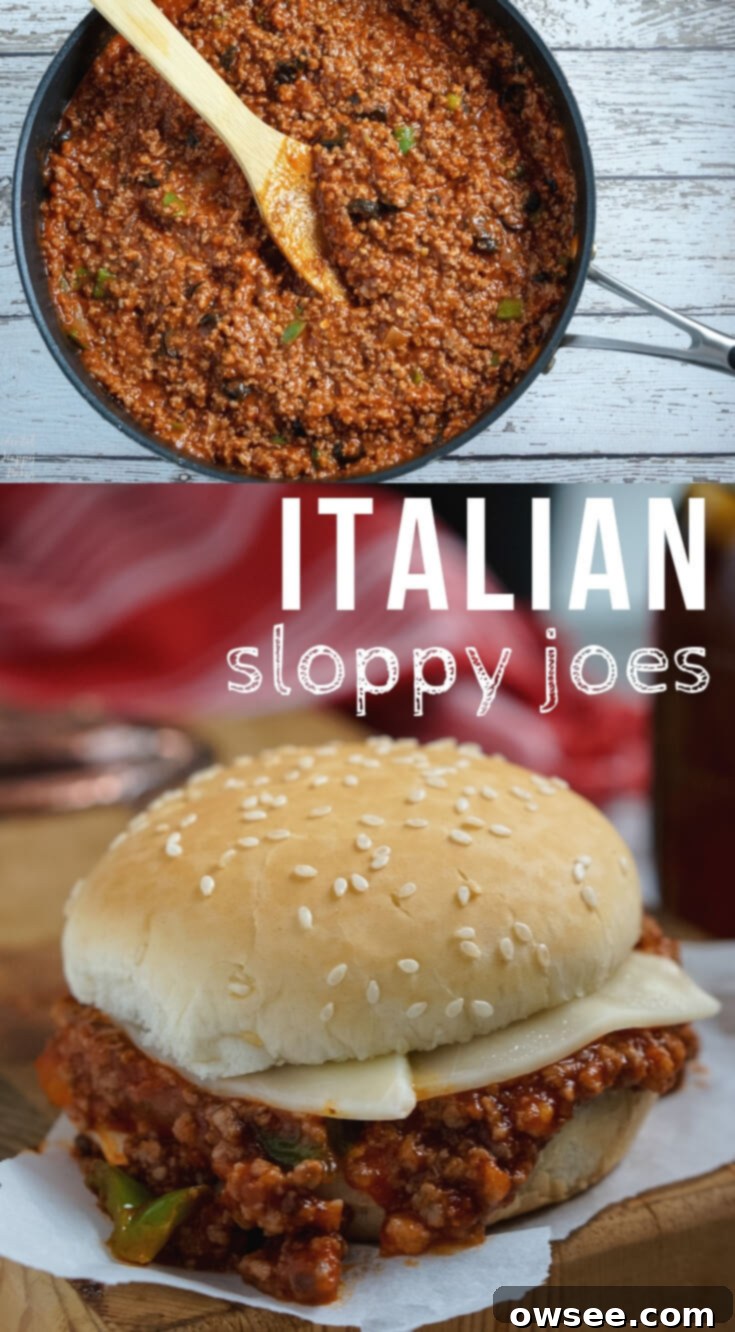 A Pinterest-friendly image for Italian Sloppy Joes, featuring the finished sandwich and key ingredients.