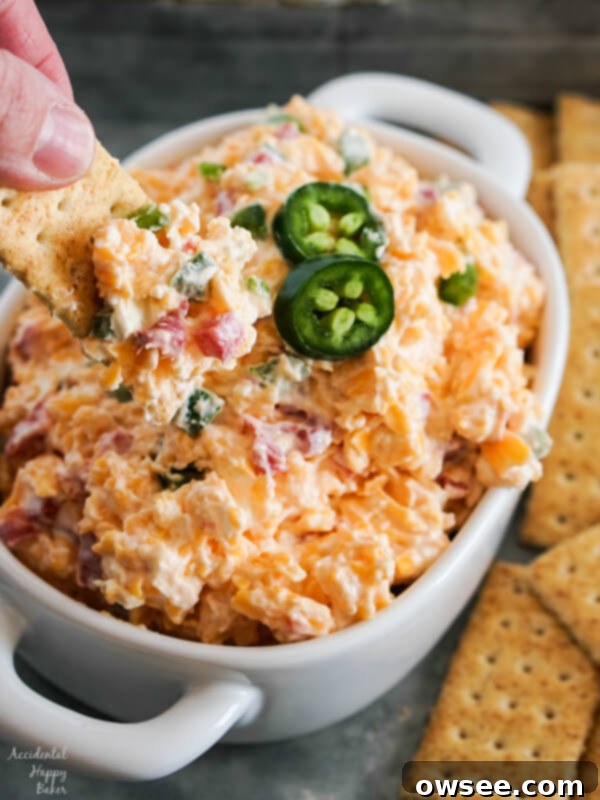 Jalapeno Pimento Cheese with Crackers, showcasing the creamy texture and vibrant colors of this spicy Southern spread.