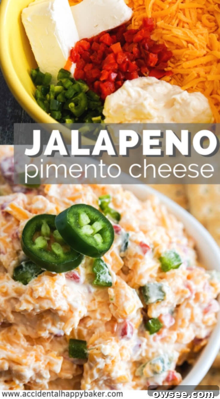 Jalapeno pimento cheese brings the flavor in this quick and easy appetizer. Sharp cheddar, cream cheese, mayo and pimentos are kicked up a notch with the addition of fresh jalapeno peppers. #pimentocheese #appetizer #jalapeno #cheese #accidentalhappybaker