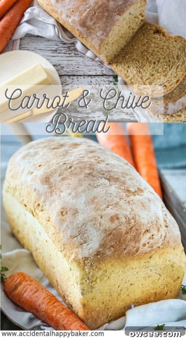 Homemade carrot and chive bread is hearty, rustic and speckled throughout with orange and green from the carrots and chives. #homemadebread #carrotbread #yeastbread #breadrecipe #accidentalhappybaker