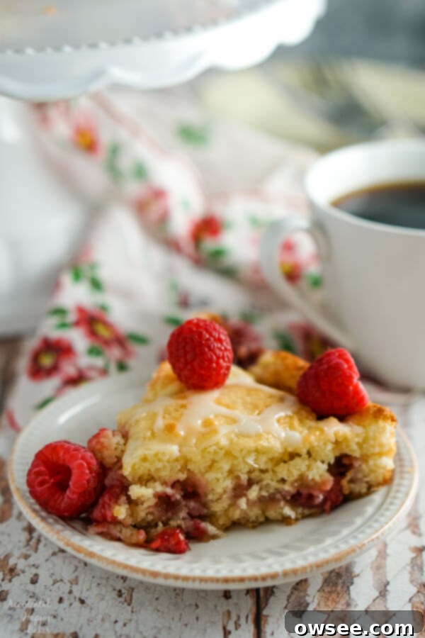 Perfect Raspberry Coffee Cake 3 A slice of raspberry coffee cake sitting next to a cup of coffee.