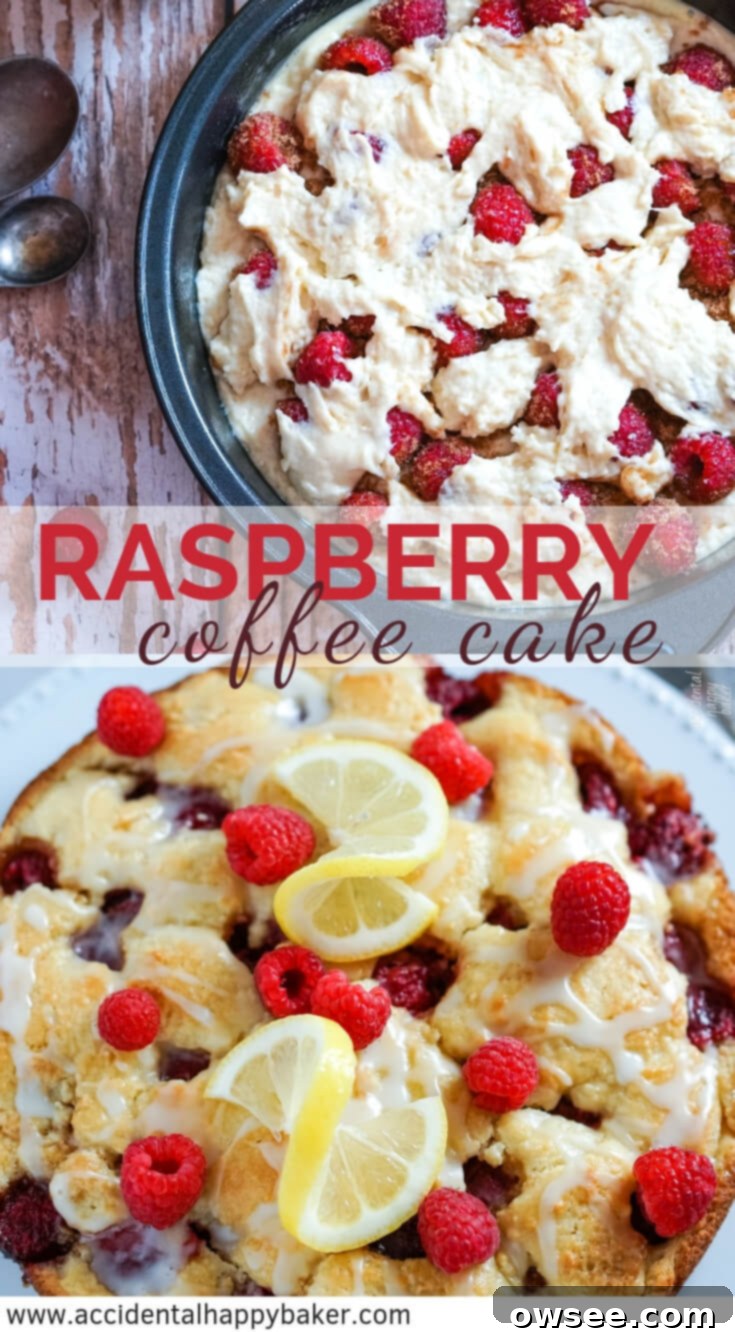 Perfect Raspberry Coffee Cake 8 Raspberry coffee cake has tender vanilla cake surrounding juicy fresh raspberries and is topped with a bright lemon glaze. No mixer required and ready in about 45 minutes. #raspberry #coffeecake #coffeecakerecipe #accidentalhappybaker