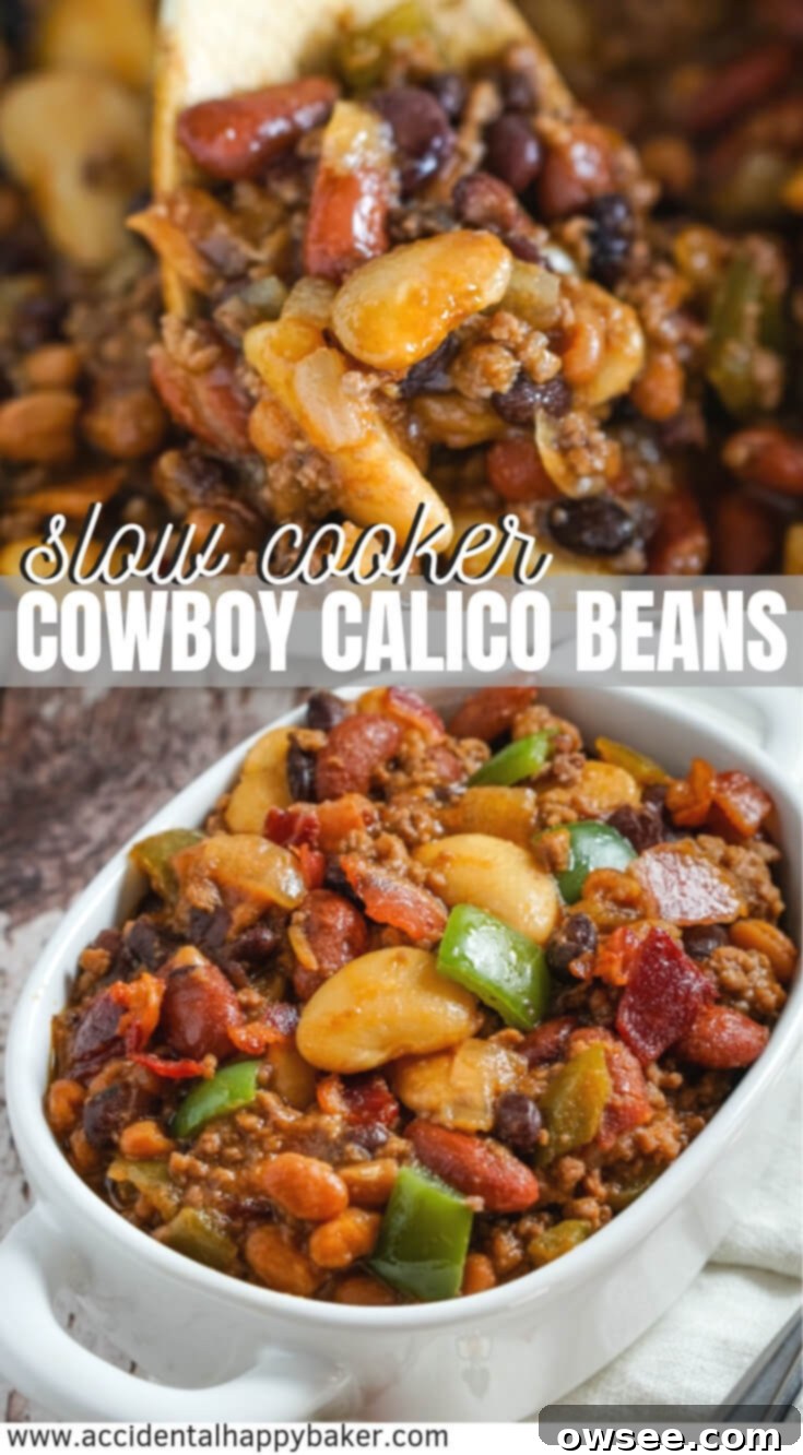 Long pin image for Slow Cooker Calico Beans, highlighting colorful beans, ground beef, and bacon, with text overlay for easy saving.