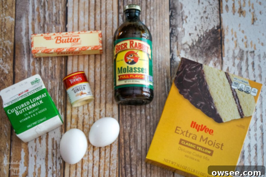 Cozy Molasses Skillet Cake 3 All the essential ingredients for Molasses Skillet Cake laid out: a box of yellow cake mix, eggs, a jar of ginger, a glass of buttermilk, a stick of butter, and a bottle of rich molasses.