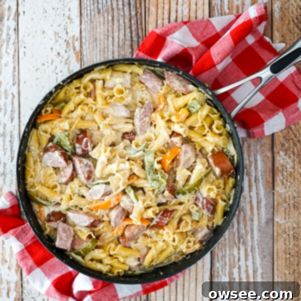Bayou Smoked Sausage Alfredo 3 A skillet full of cajun sausage alfredo.