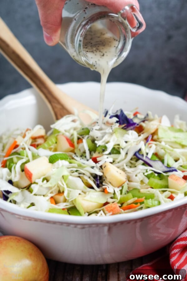 Vibrant Apple Cabbage Slaw with Luscious Poppy Seed Dressing 5 A homemade poppy seed dressing is poured over the apple coleslaw