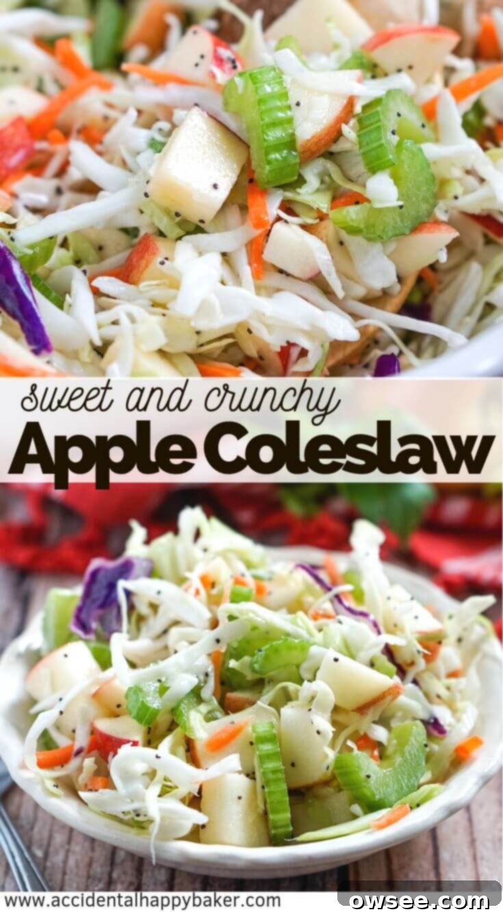 Vibrant Apple Cabbage Slaw with Luscious Poppy Seed Dressing 8 Apple coleslaw is crisp and crunchy with fresh apples, celery and cabbage and topped with a tangy homemade poppy seed dressing. #applecoleslaw #coleslaw #summersidedish #accidentalhappybaker