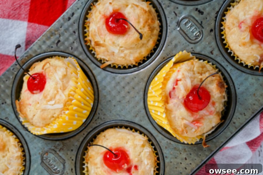 Malibu Dream Muffins 2 Malibu Muffins, muffins with pineapple, coconut, cherries, and rum flavoring, arranged on a cooling rack, evoking a summery, beachside breakfast feel.