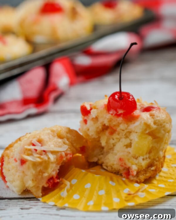 Malibu Dream Muffins 6 A freshly baked Malibu Muffin, torn in half to reveal its moist, fluffy interior studded with chunks of pineapple, coconut, and vibrant maraschino cherries, ready to be devoured.