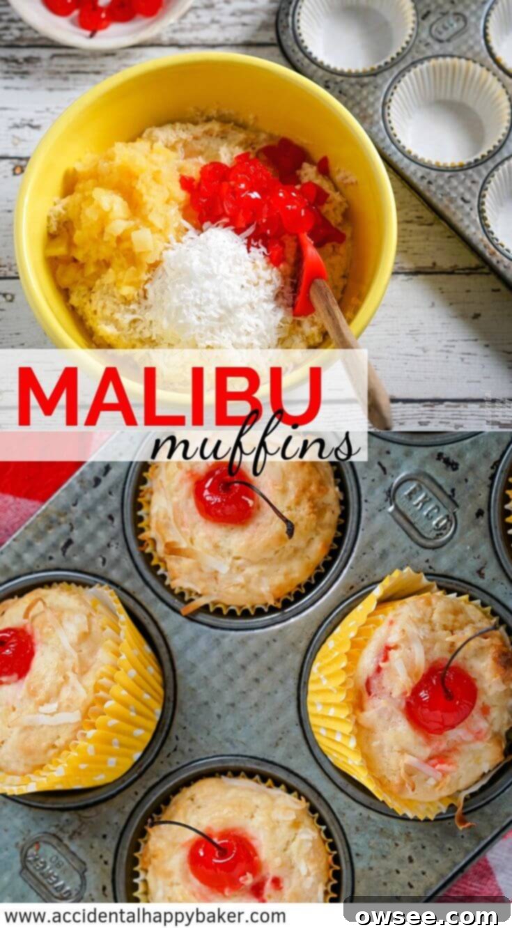 Malibu Dream Muffins 8 Malibu Muffins are full of pineapple, coconut, maraschino cherries, and a hint of rum flavor for a breakfast treat that packs the flavor of summer days sitting beach side. #muffins #pineapple #coconut #tropicalmuffins #accidentalhappybaker