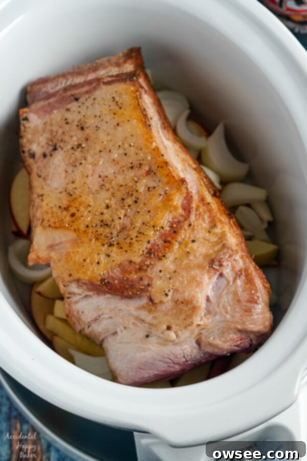 Caramelized Root Beer Pulled Pork 4 A seared Boston Butt pork roast is carefully placed over the layer of apples and onions in the slow cooker.