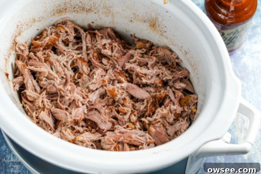 Caramelized Root Beer Pulled Pork 7 After the slow cooking process, the tender pork is removed from the crock pot, shredded using two forks, and then returned to the slow cooker to be mixed with sauce.