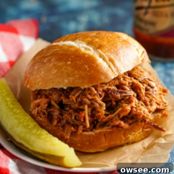 Caramelized Root Beer Pulled Pork 9 A close-up of a delectable root beer pulled pork sandwich piled high with tender pork and a dollop of coleslaw, ready to be enjoyed.