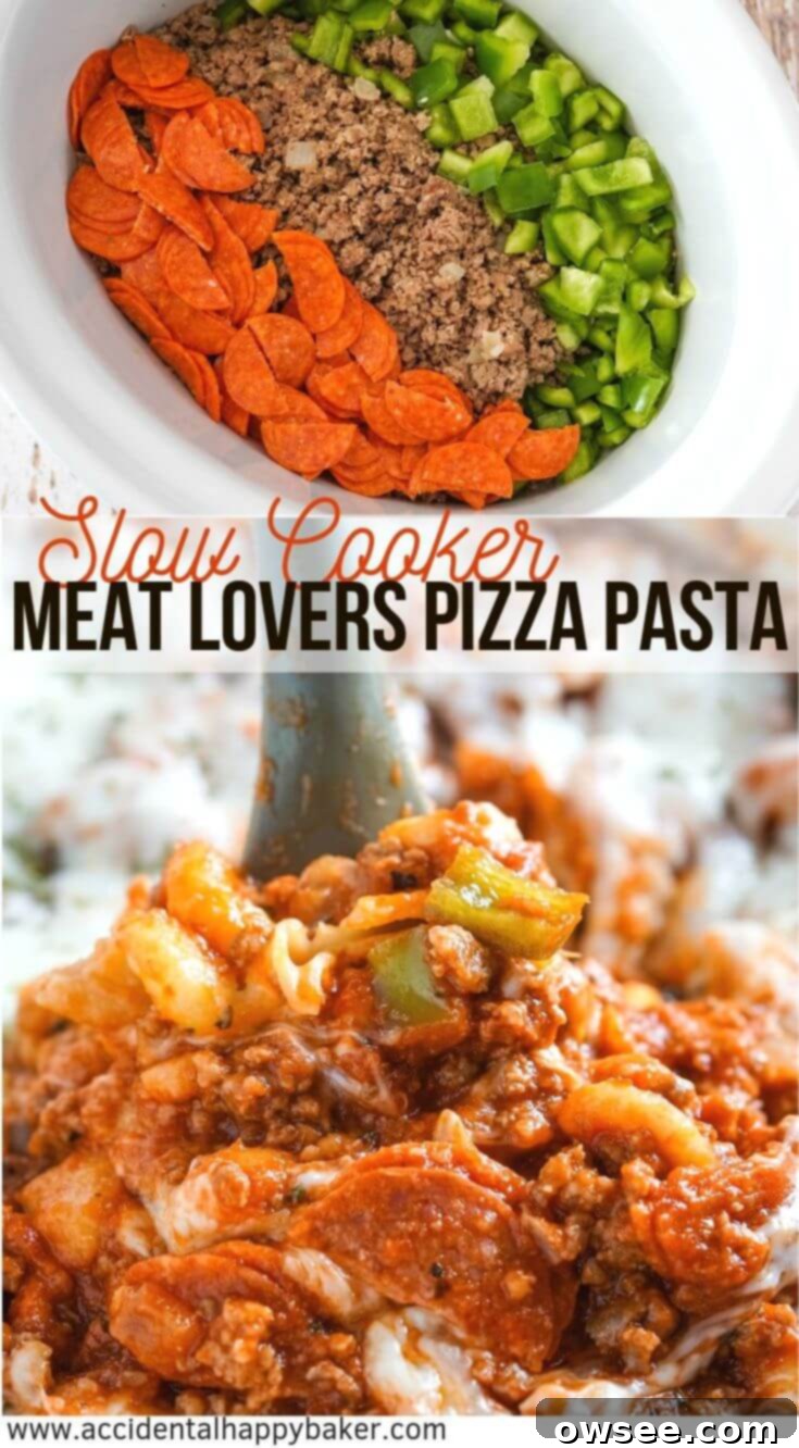 Full of gooey mozzarella cheese, ground beef, Italian sausage, and pepperoni this no boil Crockpot Pizza Casserole makes a great busy weeknight meal. #slowcookermeal #weeknightdinner #meatlovers #pizzapasta #accidentalhappybaker