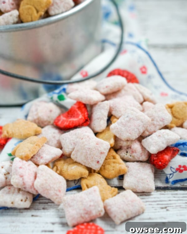Strawberry cheesecake muddy buddies with freeze dried strawberries and mini grahams.