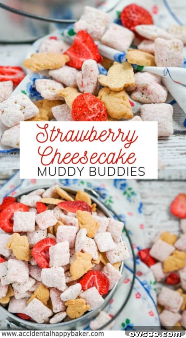 Strawberry Cheesecake Muddy Buddies, strawberry cheesecake flavored muddy buddies with real strawberries and bites of graham crackers. An easy no bake snack mix that everyone will love! #strawberry #cheesecake #puppy #chow #muddy #buddies #recipe #easy #quickly #no #bake #recipe #dessert 