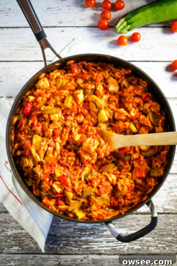 Easy One-Pot Italian Chicken and Orzo 2 A skillet full of Italian Chicken and Orzo with a wooden spoon and zucchini and tomatoes in the background.