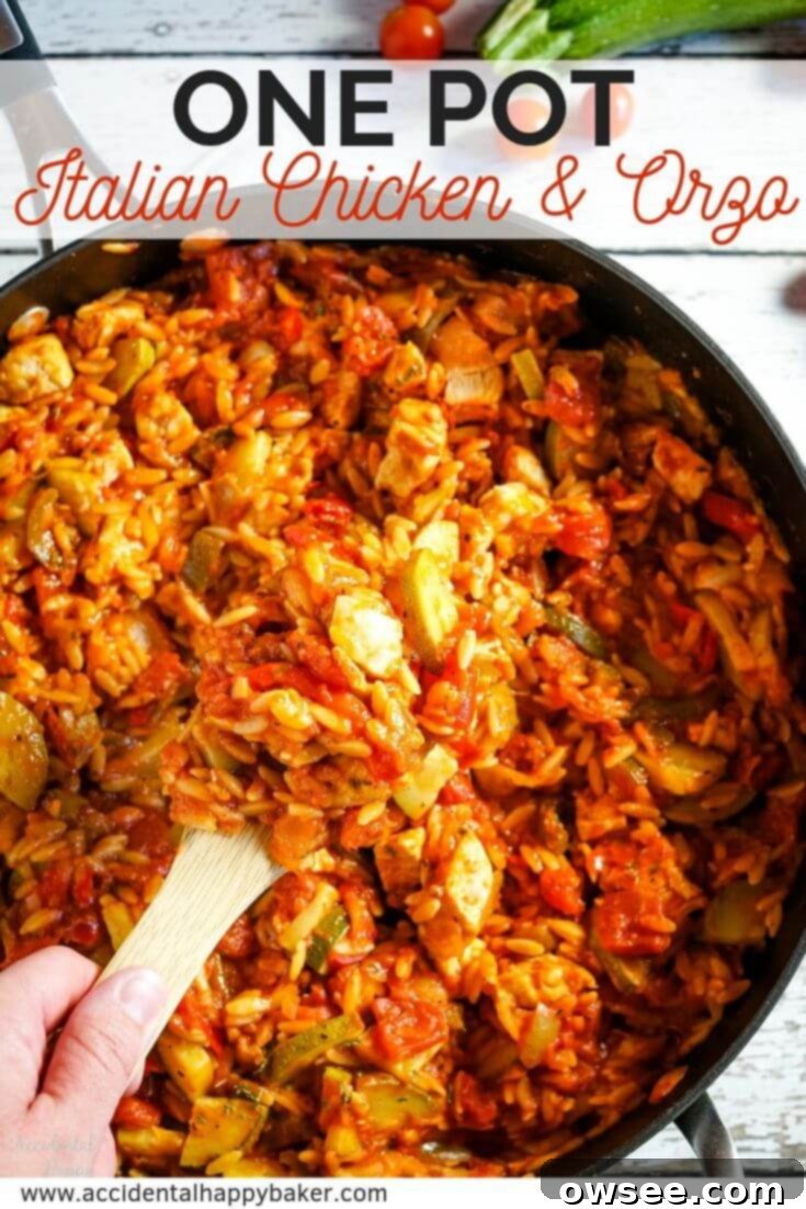One Pot Italian Chicken and Orzo is the epitome of hearty meets easy. Full of chicken, zucchini, peppers, onions, tomatoes and orzo, this skillet supper only takes 30 minutes. Pin this easy weeknight dinner recipe for later! #onepotmeal #30minutemeal #easyweeknightdinner #chickenandorzo #accidentalhappybaker