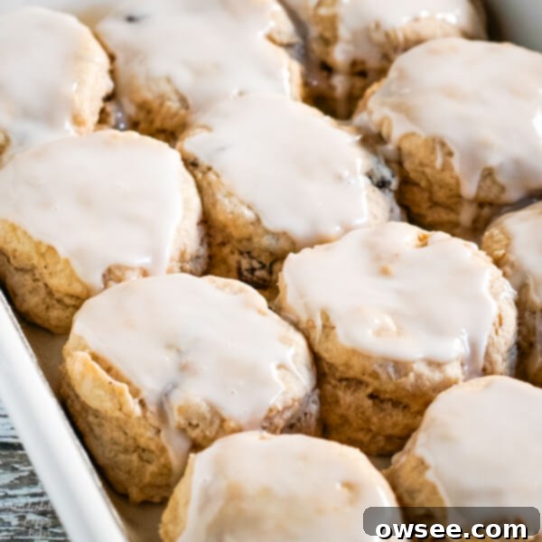 Homestyle Cinnamon Raisin Biscuits 3 A close-up image of baked cinnamon raisin biscuits in a pan, ready for glazing.