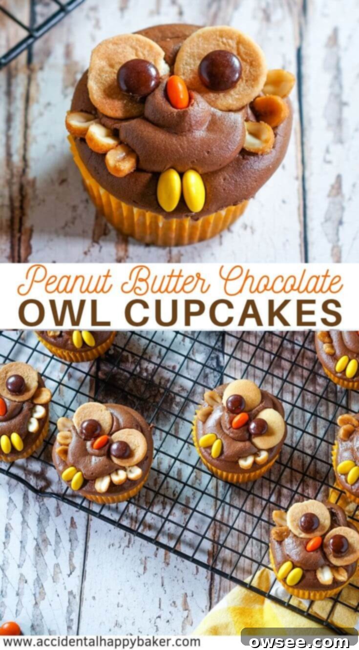 Pinterest-friendly vertical image of several Peanut Butter Chocolate Owl Cupcakes, perfect for pinning and sharing.