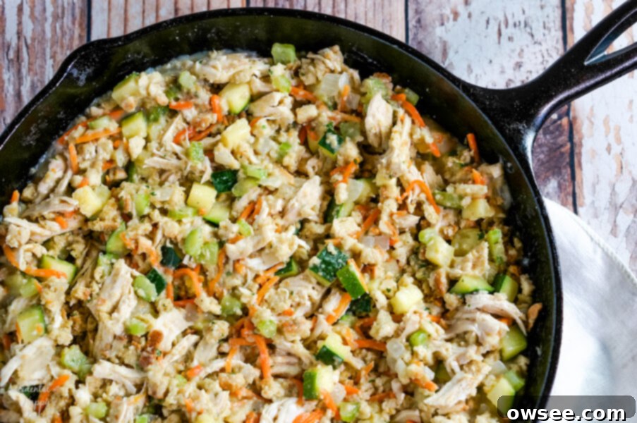 Hearty Chicken Zucchini Delight 6 The last component added to the chicken zucchini casserole is stuffing mix.