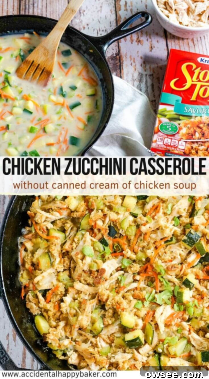 Hearty Chicken Zucchini Delight 9 Chicken Zucchini Casserole is the perfect hearty weeknight dinner and a great way to sneak in more veggies. Chicken, vegetables and stuffing are tossed with a creamy homemade sauce and then baked in the oven. #chickenzucchinicasserole #chickencasserole #zucchini #weeknightdinner #accidentalhappybaker