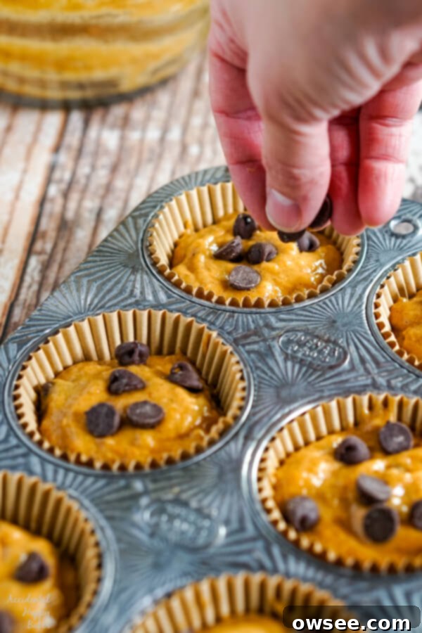 Spiced Pumpkin Chocolate Chip Muffins 5 Close-up of a stack of moist pumpkin chocolate chip muffins.