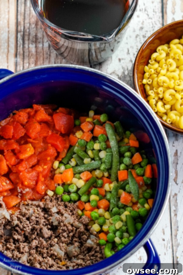 Ground beef, diced onions, and minced garlic cooking in a large stockpot, forming the flavorful base of the soup.