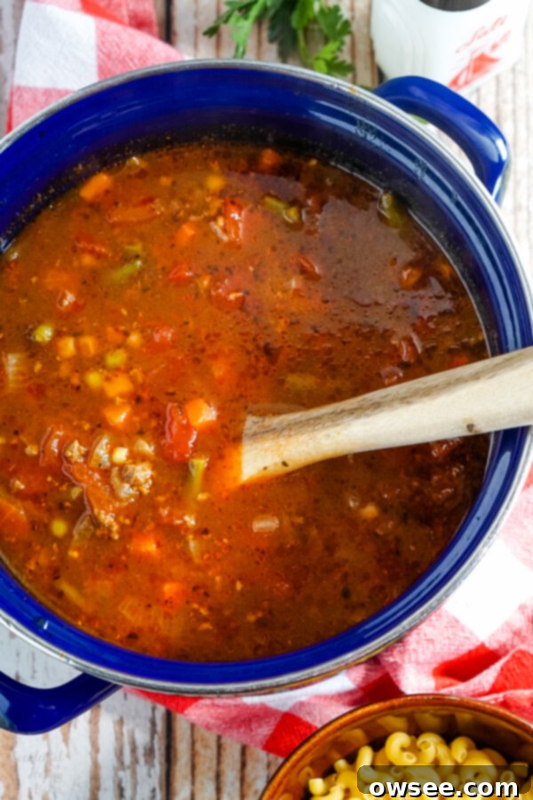 Frozen mixed vegetables, Italian diced tomatoes, beef broth, and tomato sauce added to the stockpot, ready to simmer for the soup.