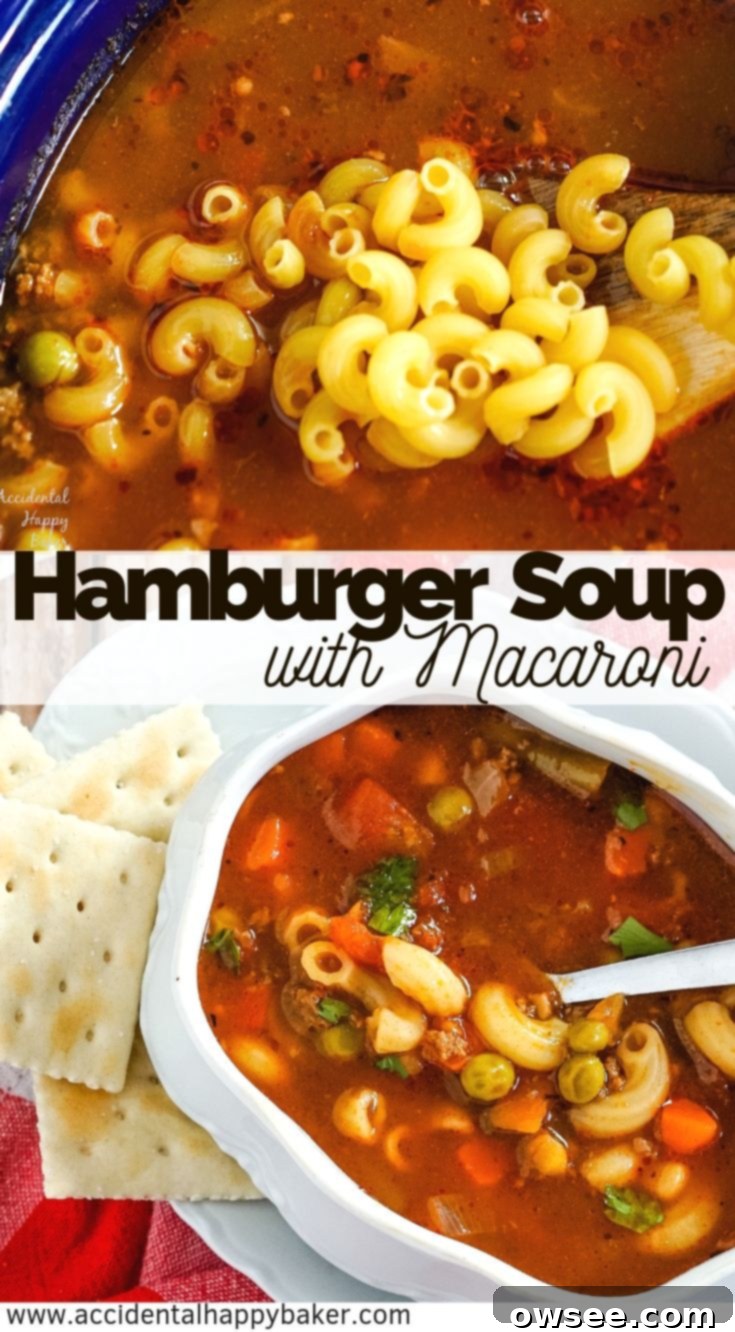 Hamburger macaroni soup takes budget friendly ingredients and turns them into a rich and satisfying hearty soup in less than 30 minutes. #hamburgersoup #hamburgermacaronisoup #macaronisoup #souprecipe #accidentalhappybaker