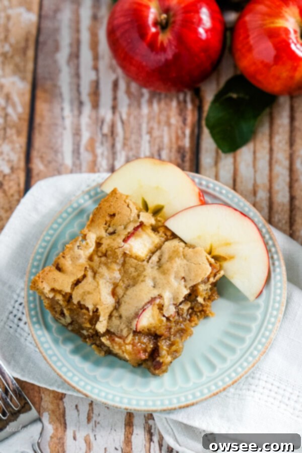 Irresistible Apple Cinnamon Bars 2 Close-up of a square apple cinnamon bar with a gooey center and crispy edges.