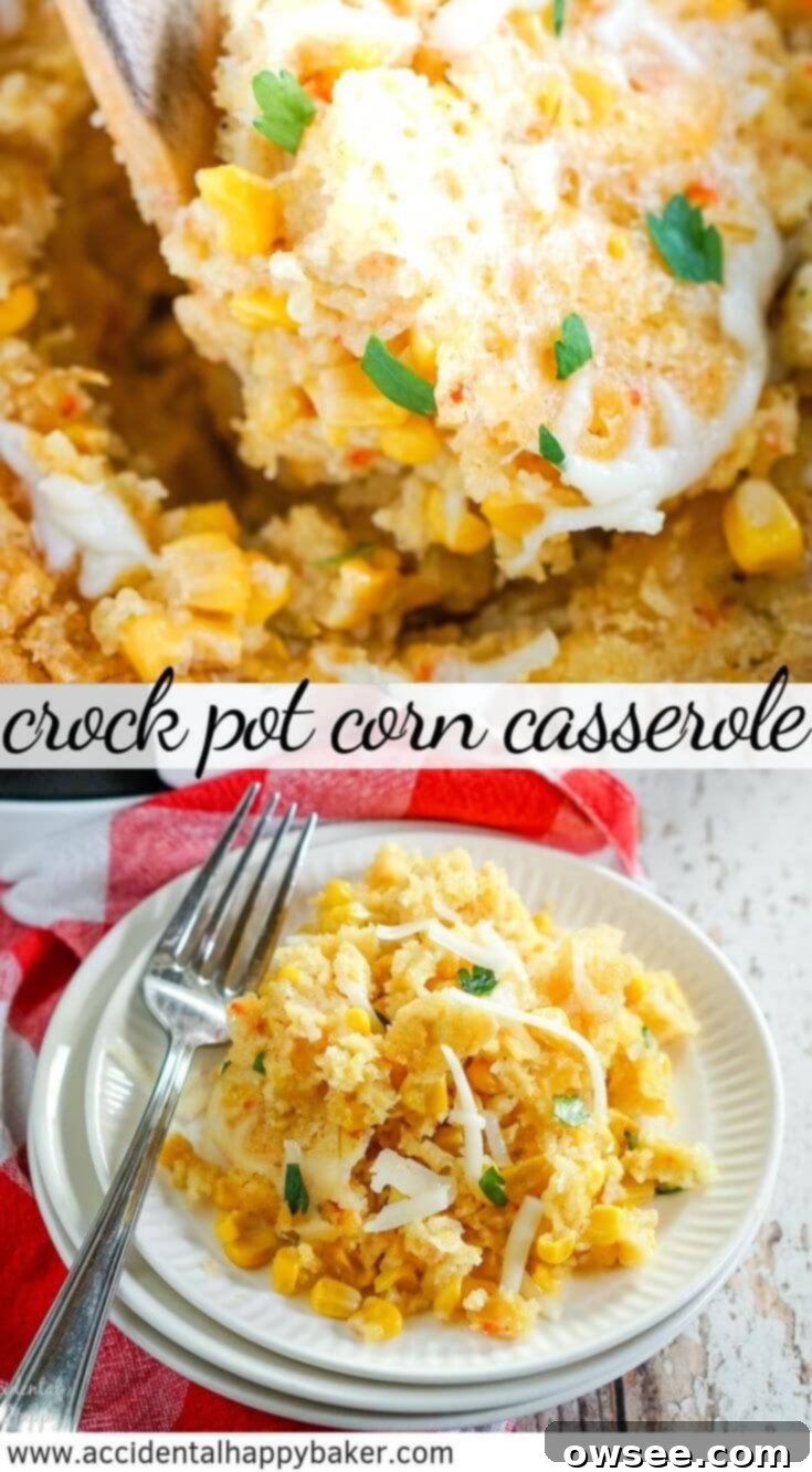 Pin for later: Crock Pot Corn Casserole is a creamy and cheesy corn pudding casserole full of sweet corn baked with cornbread mix, perfect for holidays or any meal.