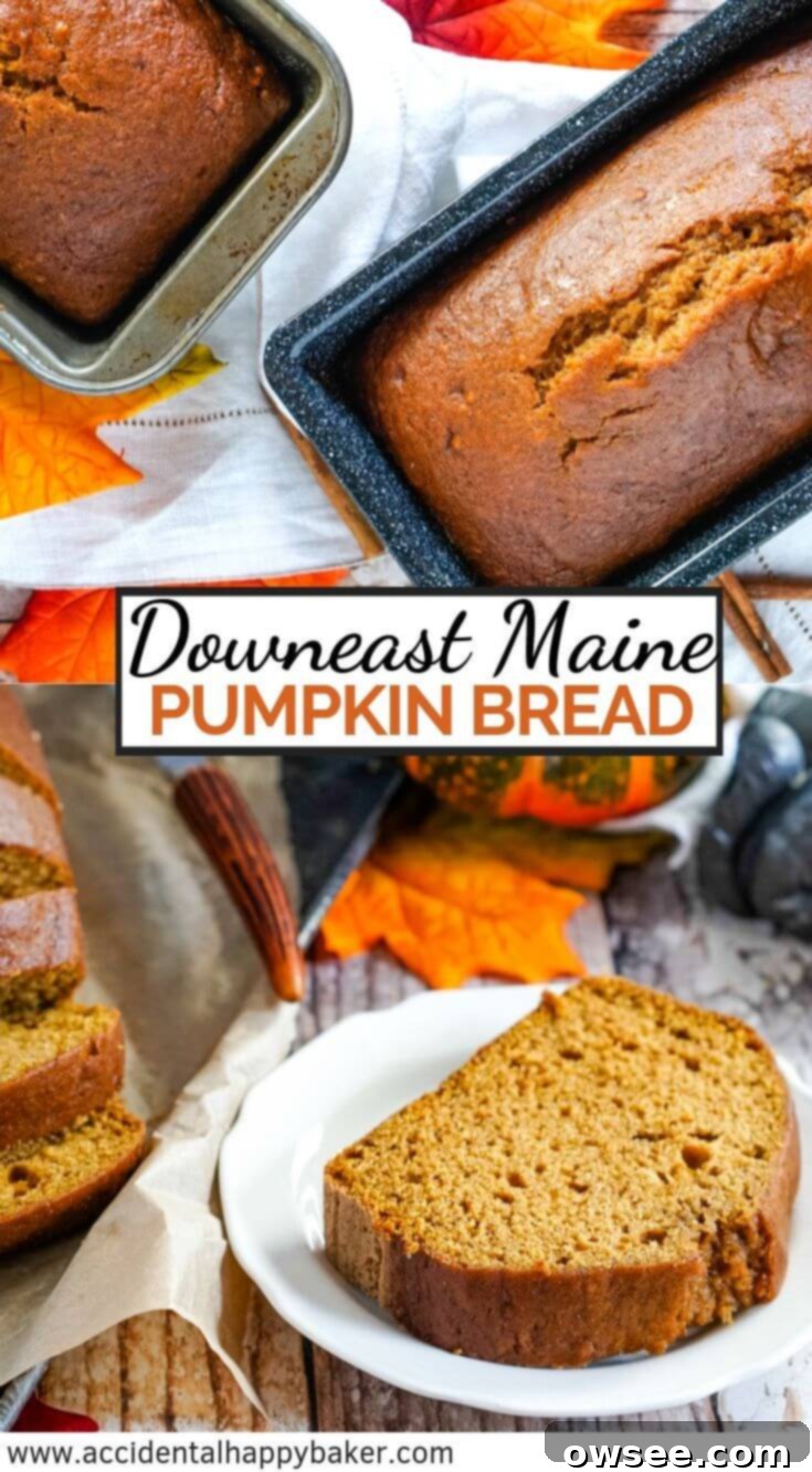 Downeast Maine Pumpkin Bread is tender, sweet and moist with a lovely pumpkin flavor highlighted by warm earthy spices. #pumpkinbread #downeastmainepumpkinbread, #fallbaking #quickbreadrecipe