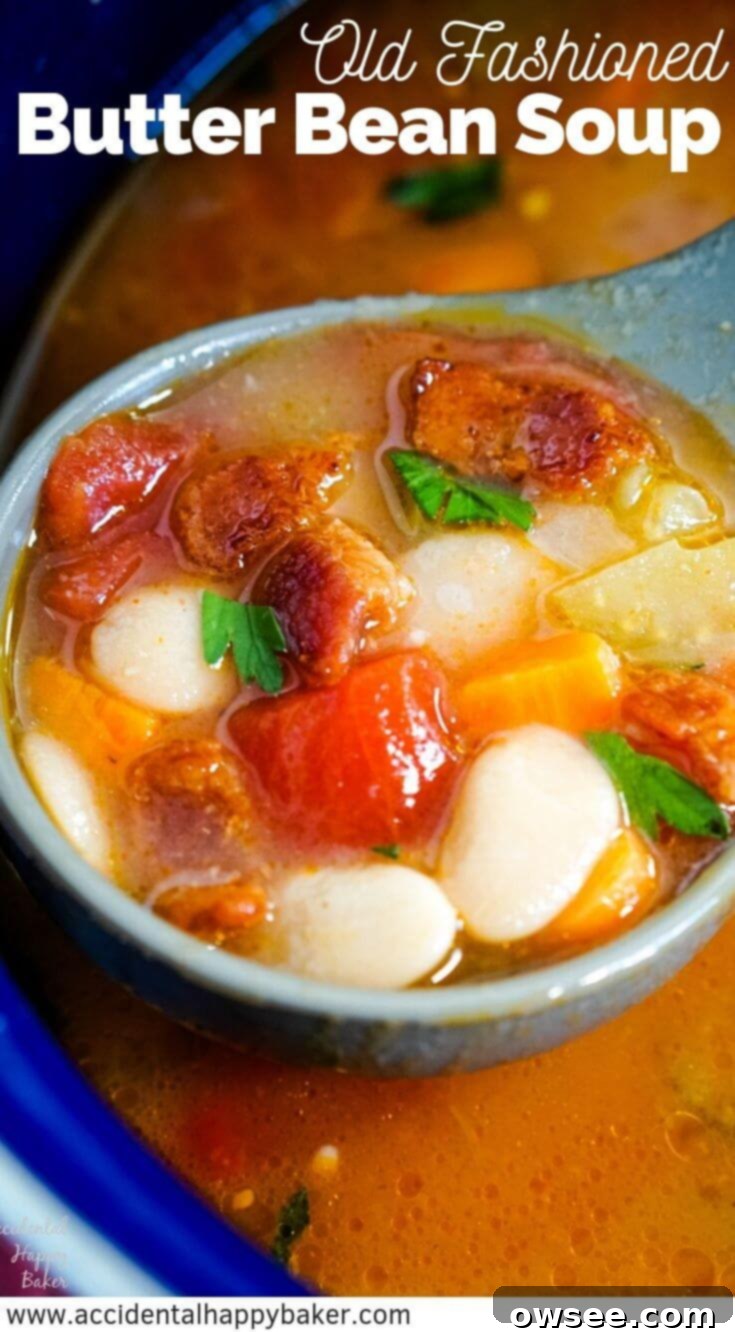 Creamy Butter Bean Delight 7 Old fashioned butter bean soup is full of hearty veggies and creamy butter beans in a smoky broth seasoned with bacon and cajun spices. #butterbeansoup #beansoup #beanandbaconsoup #accidentalhappybaker
