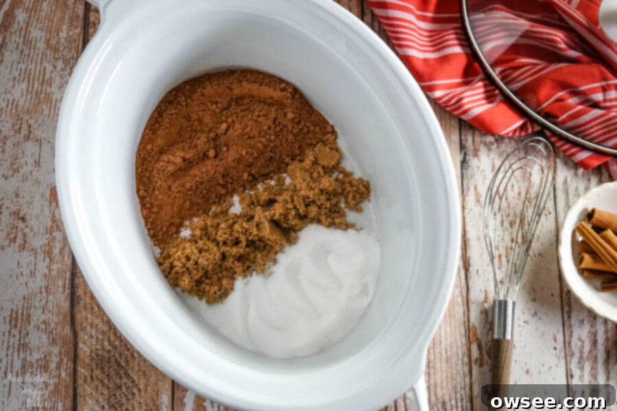 A white slow cooker with cocoa powder, brown sugar, and granulated sugar next to a whisk, showcasing the raw ingredients for Mexican hot cocoa.