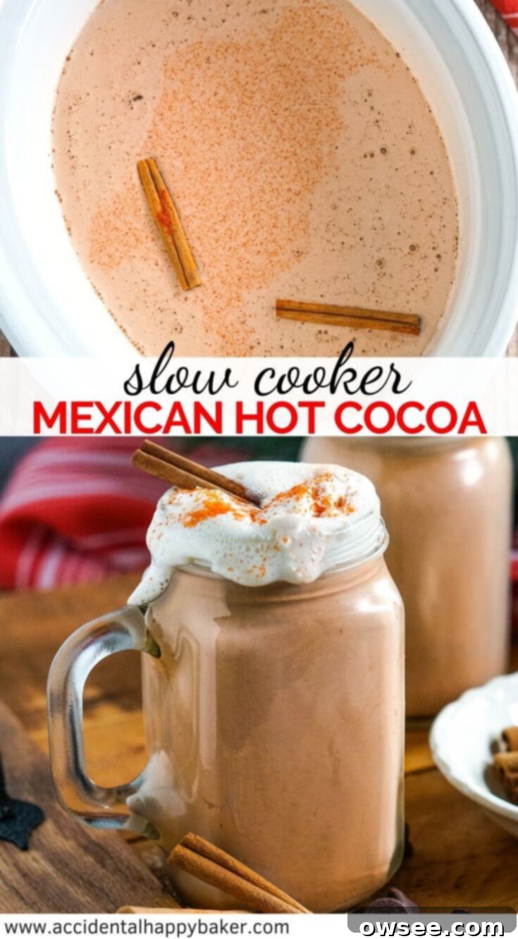 Pinterest pin image: Slow Cooker Mexican Hot Cocoa makes a rich chocolaty sweet and spicy drink that warms you from the inside out. Made with unsweetened cocoa, cinnamon sticks, a hint of cayenne, and a perfect blend of brown and granulated sugars. Perfect for winter holidays and chilly days! #mexicanhotchocolate #mexicancocoa #slowcookerhotchocolate #spicyhotchocolate #winterdrinks #crockpothotchocolate