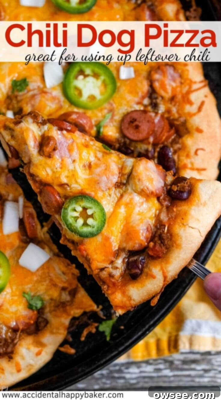 Chili Dog Pizza Fusion 7 A vibrant vertical pin image for Chili Dog Pizza, showcasing a generous slice with melted cheese, chili, and hot dogs, inviting viewers to save and try the recipe.