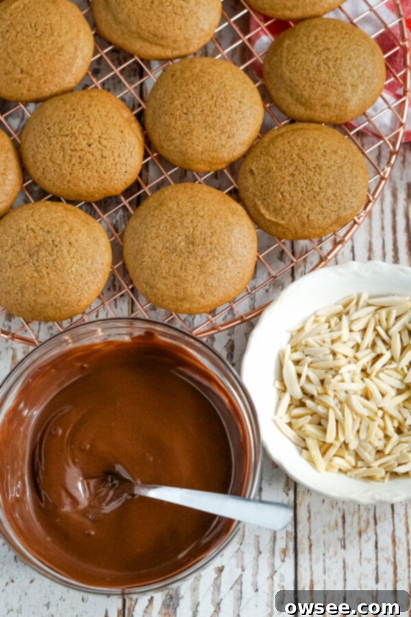 After baking the cookies, the chocolate topping and decorations are prepared. 