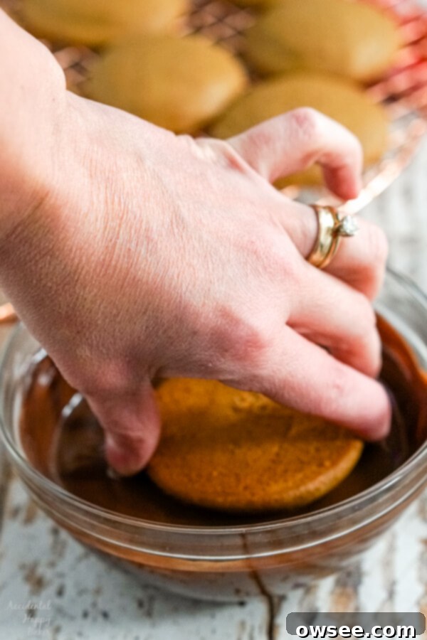 The top of each German Gingerbread Cookie is dipped into chocolate. 