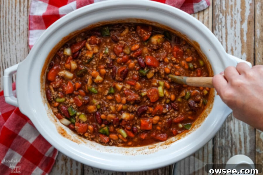 Slow Cooker Chili Like Wendys 4 Stirring everything together before covering the slow cooker.