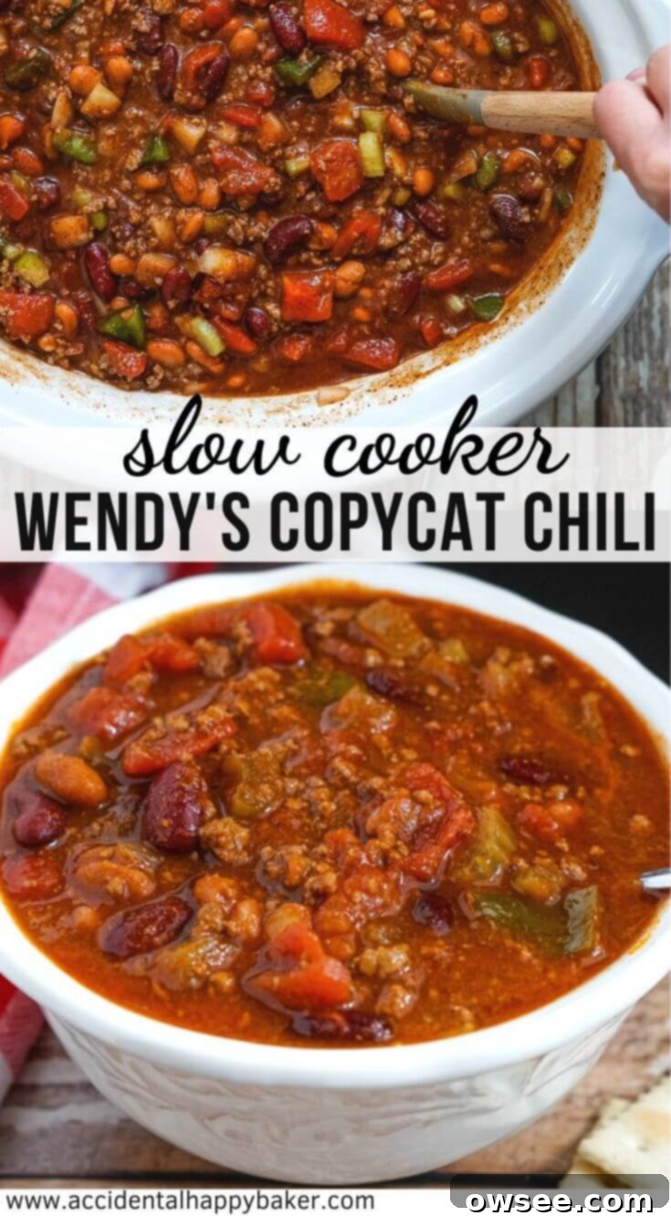 Slow Cooker Chili Like Wendys 7 This Wendy’s chili recipe is a perfect copycat! Thick and rich chili with a variety of beans, vegetables, and spices. It’s the perfect dump and go slow cooker chili. #wendyscopycatchili #slowcookerchili #copycatrecipe #wendyschilirecipe