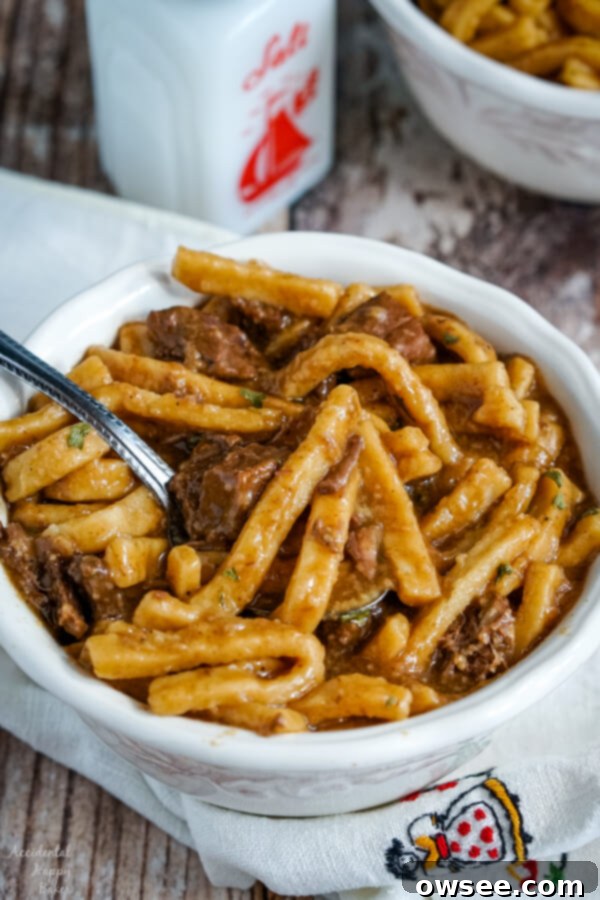 Your Go-To Instant Pot Beef and Noodles 2 A white bowl full of beef and noodles on top of a white cloth napkin.