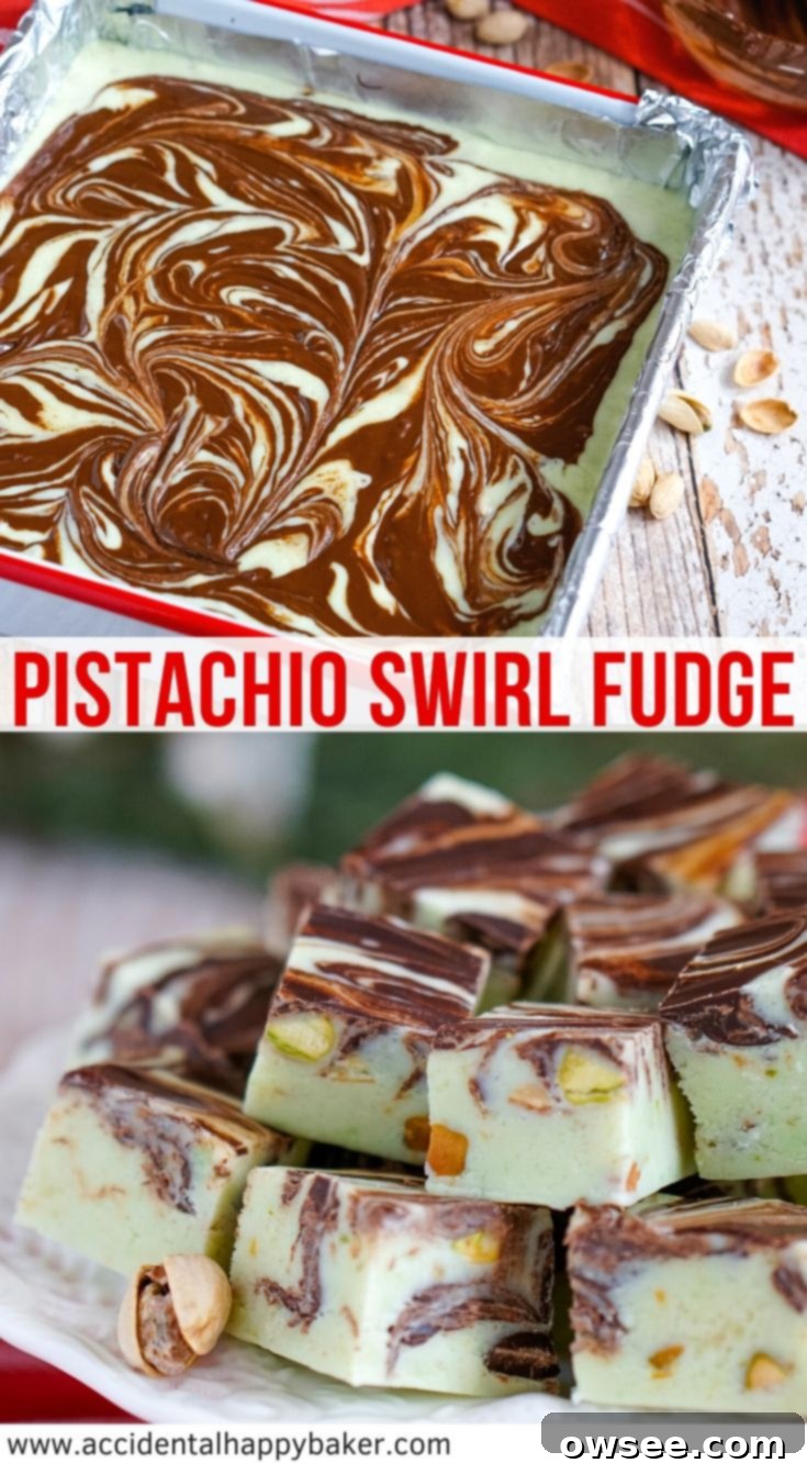Pistachio swirl fudge is an easy to make candy recipe that results in a rich and creamy pastel green pistachio fudge that's studded with chopped pistachios and swirled with dark chocolate. Save this recipe for easy Christmas candy and delicious homemade fudge.