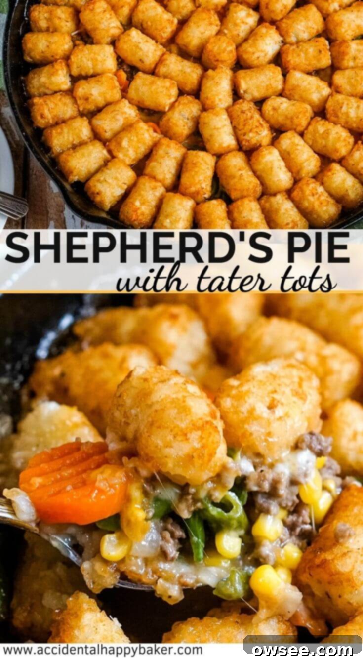 Shepherd’s Pie with Tater Tots makes a comfort food classic into an easy one dish weeknight dinner. Ground beef and mixed vegetables in a savory gravy topped with cheese and tater tots. #shepherdspie #tatertothotdish #maindishcasserole #weeknightdinner #accidentalhappybaker