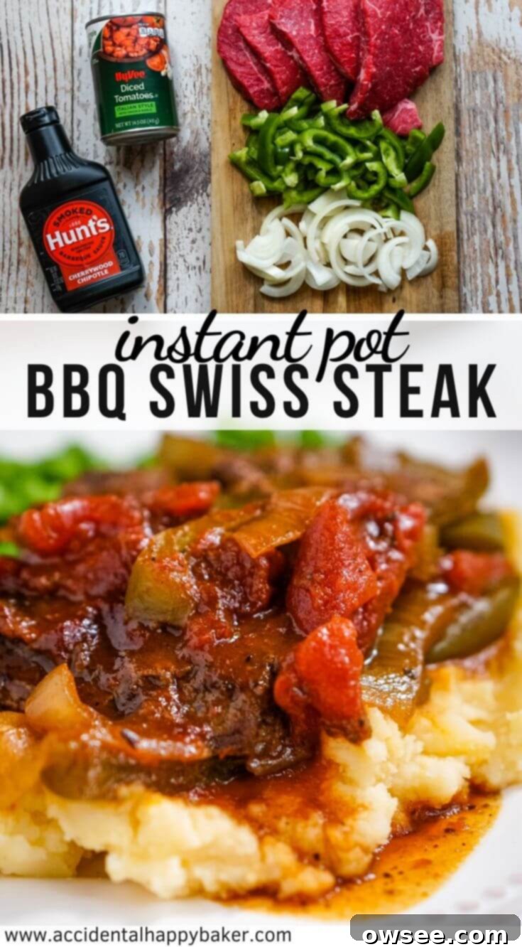 Tender Instant Pot BBQ Swiss Steak 9 Instant Pot BBQ Swiss Steak; fall apart tender round steak that’s simmered in barbecue sauce, tomatoes, peppers and onions for a hearty main dish that’s as easy as it is delicious. Ready in under 1 hour. #instantpot #swisssteak #weeknightdinner #accidentalhappybaker