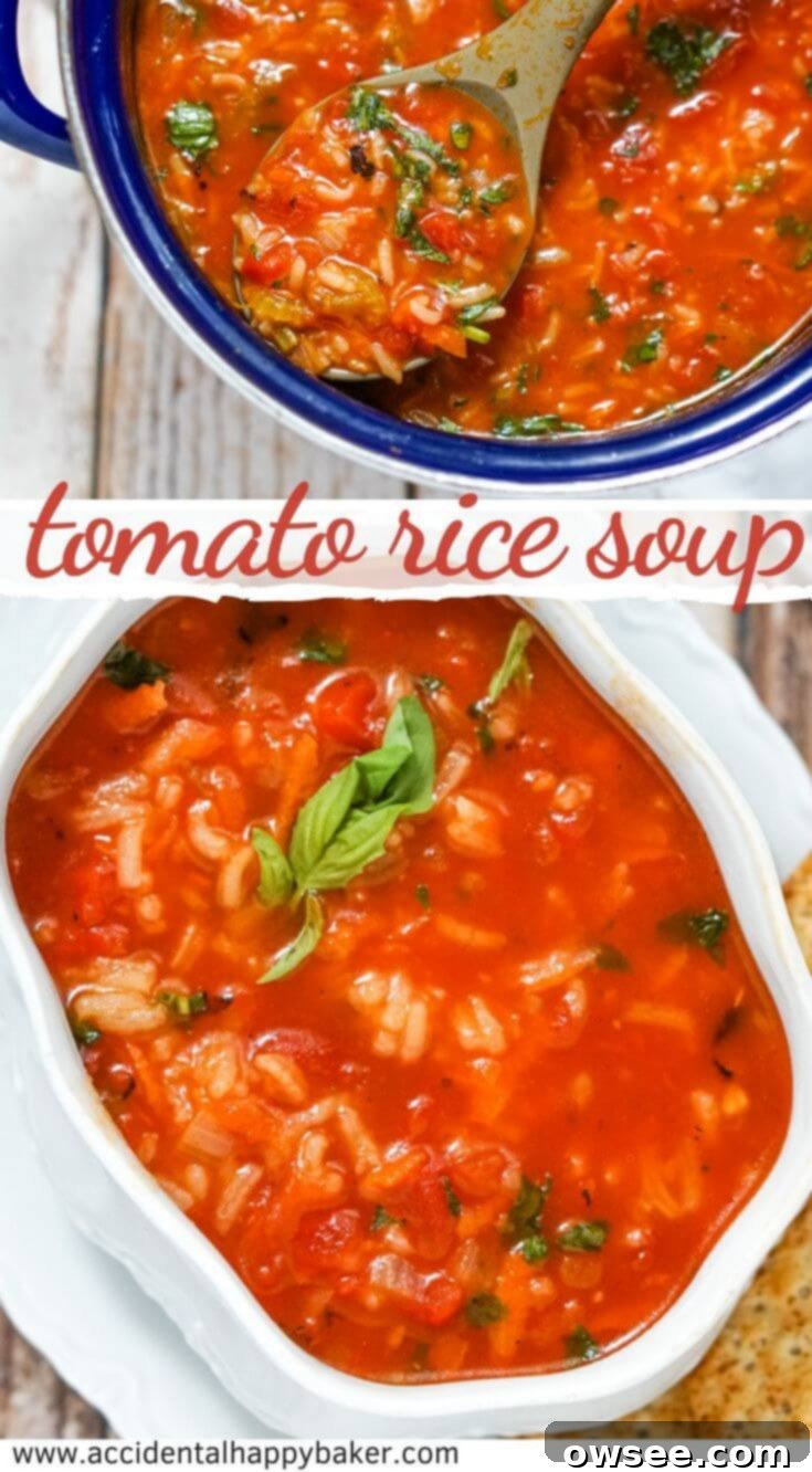 Hearty Tomato Rice Soup 8 A Pinterest-optimized vertical image for Tomato Rice Soup, emphasizing it as a hearty, easy, and budget-friendly vegetarian comfort meal.