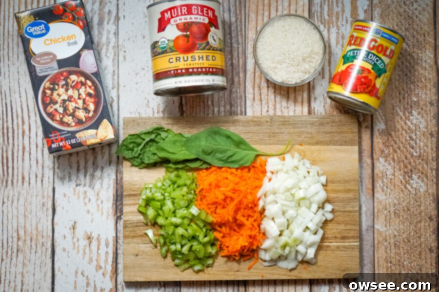 Hearty Tomato Rice Soup 4 A beautiful flat lay of fresh and canned ingredients for Tomato Rice Soup, including chicken broth, crushed and diced tomatoes, raw long grain rice, and finely chopped celery, carrots, and onions.