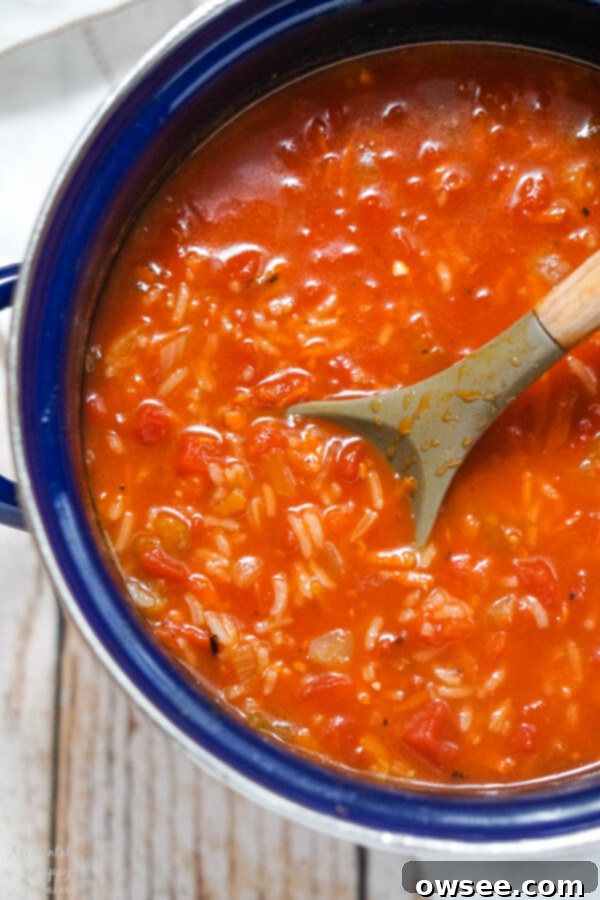 Hearty Tomato Rice Soup 5 Tomato Rice Soup simmering gently in a vibrant blue stockpot, showing the rich red broth and tender vegetables before the fresh basil is added.