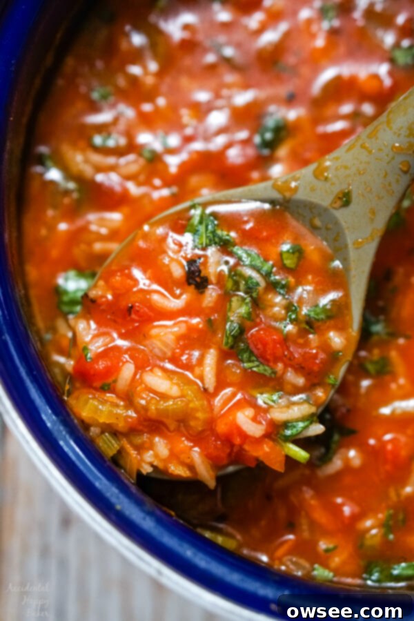 Hearty Tomato Rice Soup 6 A large pot of vibrant Tomato Rice Soup after the freshly chopped basil has been stirred in, showing its inviting texture and readiness to serve.